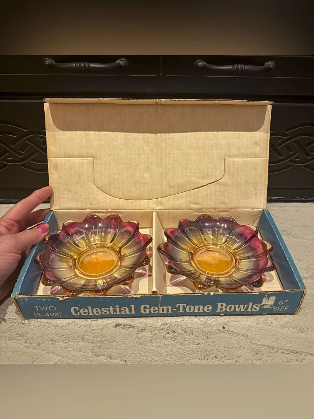 Federal Glass Celestial Gem-Tone Bowls S-498, 6“, original box